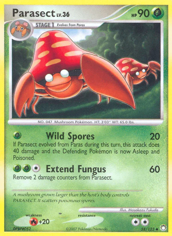 58, Diamond & Pearl: Mysterious Treasures, Fire[+20], Grass, Normal, Reverse Holofoil, Uncommon Parasect (58/123) [Diamond & Pearl: Mysterious Treasures] - Trading Card World