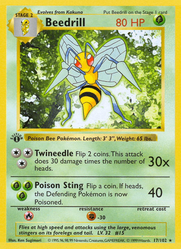 17, 1st Edition Normal, Base Set 1st Edition, Fighting[-30], Fire[×2], Grass, Rare Beedrill (17/102) (Shadowless) [Base Set 1st Edition] - Trading Card World