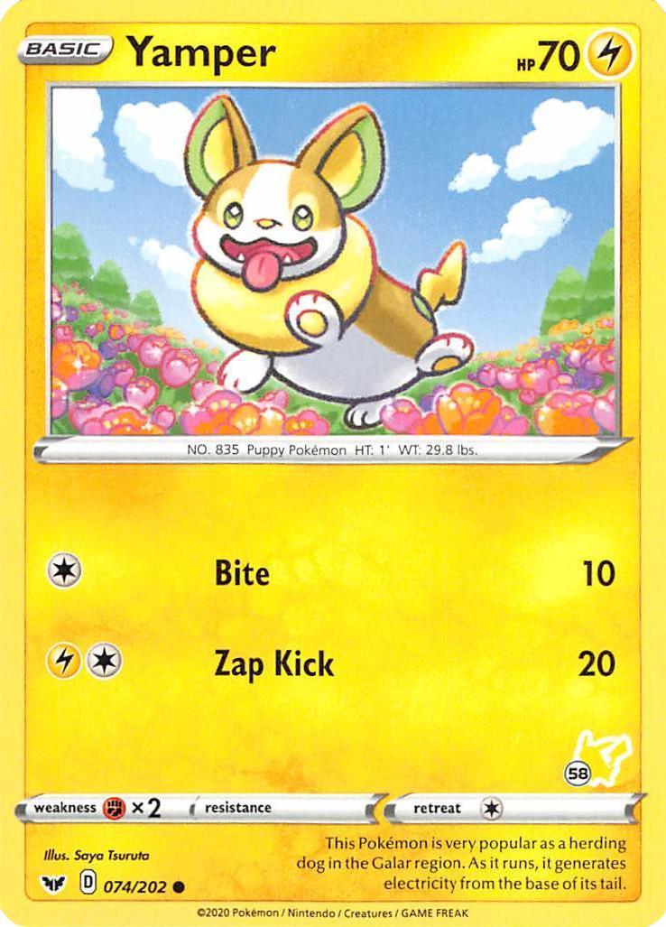 074, Battle Academy 2022, Common, Fighting [x2], Lightning, Normal Yamper (074/202) (Pikachu Stamp #58) [Battle Academy 2022] - Trading Card World