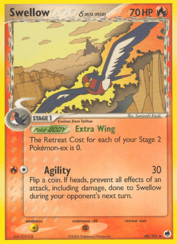 40, EX: Dragon Frontiers, Fighting[-30], Fire, Lightning[×2], Normal, Uncommon Swellow (40/101) (Delta Species) [EX: Dragon Frontiers] - Trading Card World