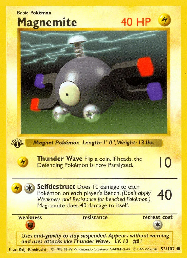 1st Edition Normal, 53, Base Set 1st Edition, Common, Fighting[×2], Lightning Magnemite (53/102) (Shadowless) [Base Set 1st Edition] - Trading Card World