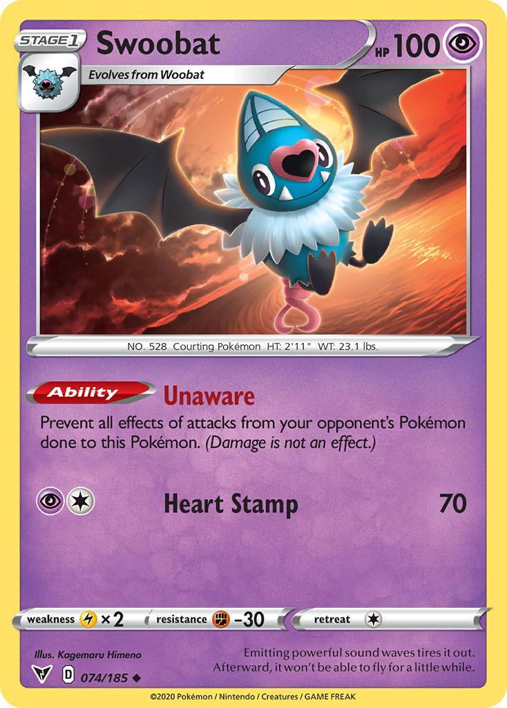 074, Fighting[-30], Lightning[×2], Normal, Psychic, Reverse Holofoil, Sword & Shield: Vivid Voltage, Uncommon Swoobat (074/185) [Sword & Shield: Vivid Voltage] - Trading Card World
