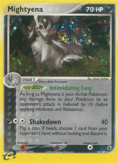 10, Darkness, EX: Ruby & Sapphire, Fighting[×2], Holo Rare, Holofoil, Psychic[-30], Reverse Holofoil Mightyena (10/109) [EX: Ruby & Sapphire] - Trading Card World
