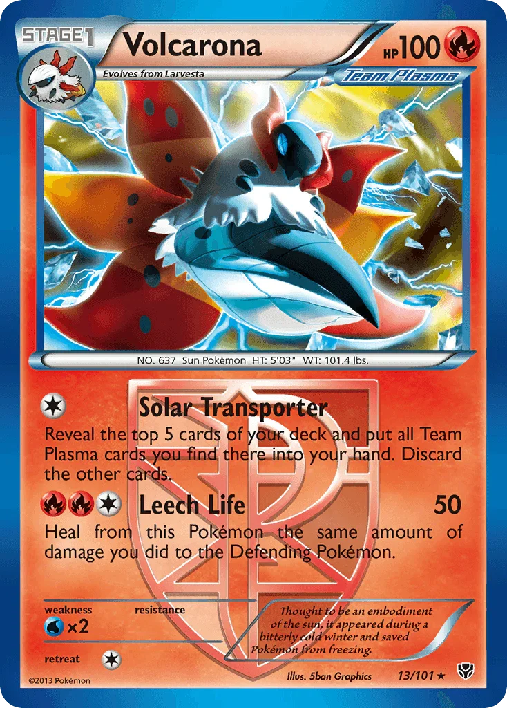 13, Black & White: Plasma Blast, Fire, Normal, Rare, Reverse Holofoil, Water[×2] Volcarona (13/101) [Black & White: Plasma Blast] - Trading Card World