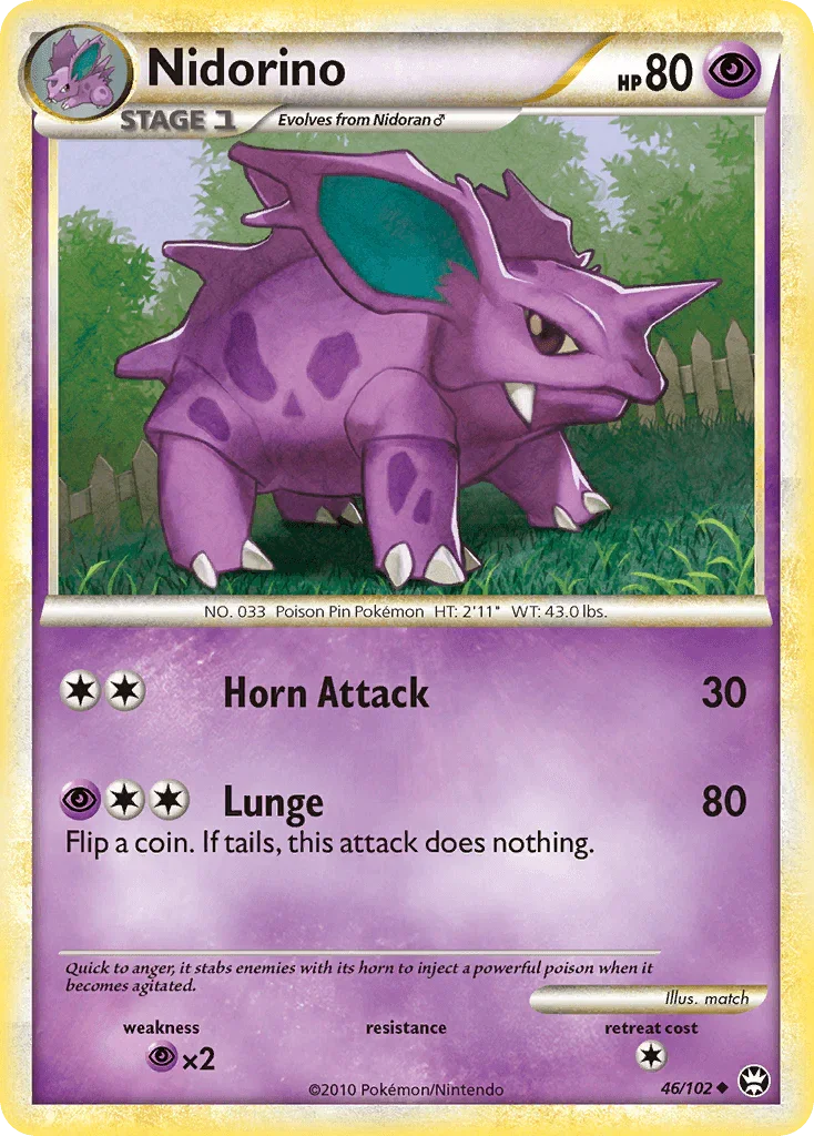 46, HeartGold & SoulSilver: Triumphant, Normal, Psychic, Psychic[×2], Reverse Holofoil, Uncommon Nidorino (46/102) [HeartGold & SoulSilver: Triumphant] - Trading Card World