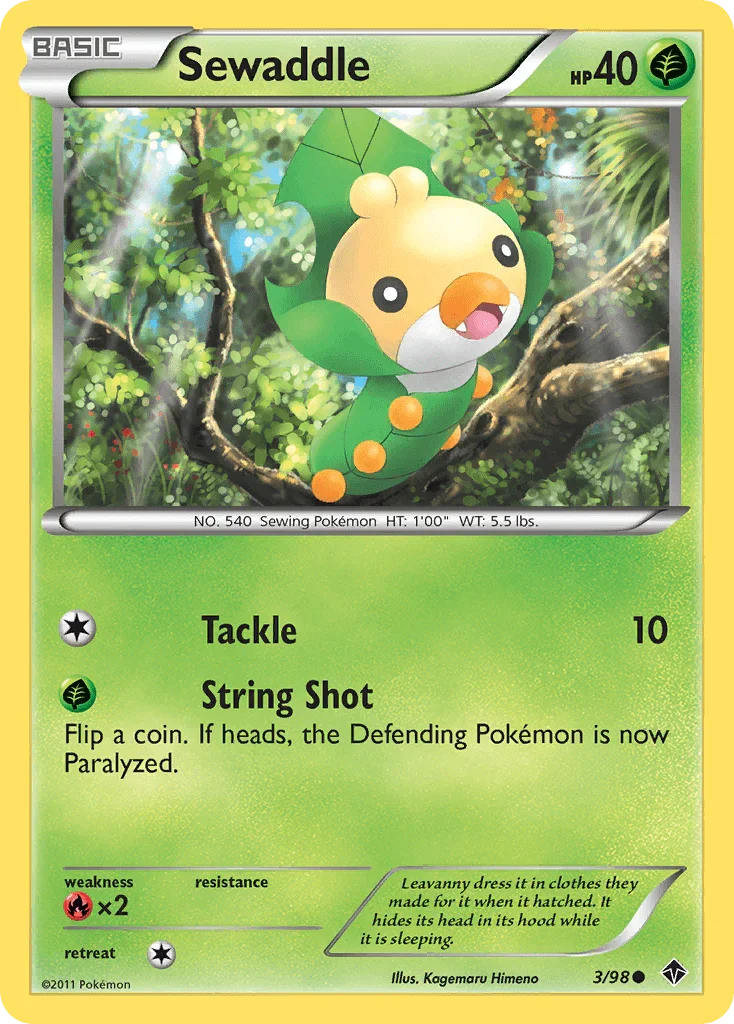 Black & White: Emerging Powers, Common, Fire[×2], Grass, Normal, Reverse Holofoil Sewaddle (3/98) [Black & White: Emerging Powers] - Trading Card World