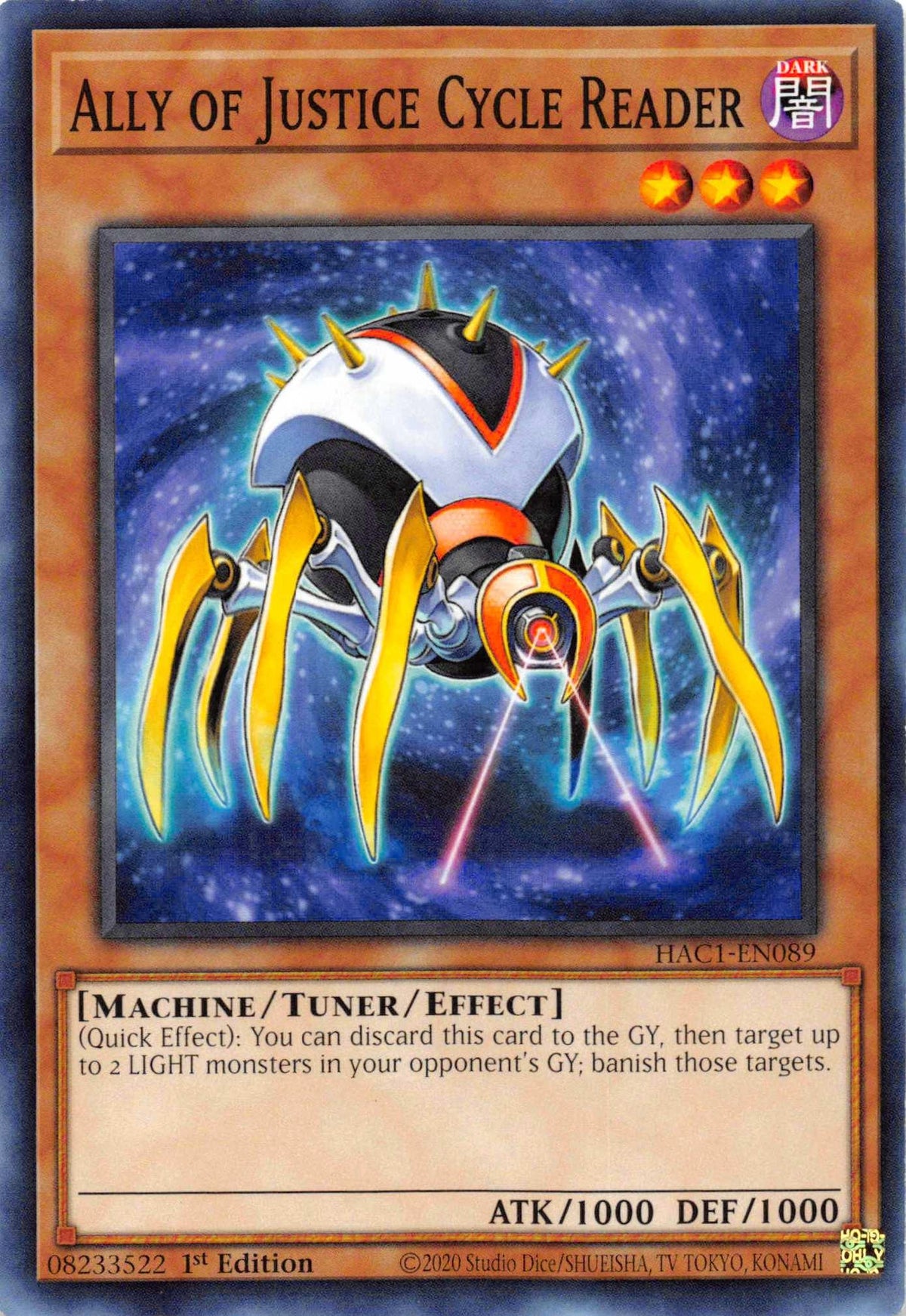 1st Edition, Common, Dark, Hidden Arsenal: Chapter 1, Machine, Tuner/Effect Monster Ally of Justice Cycle Reader [HAC1-EN089] Common - Trading Card World