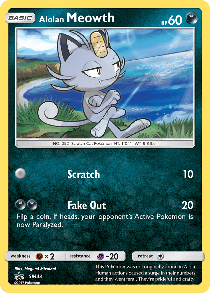 Black Star Promo, Darkness, Fighting[×2], Holofoil, Psychic[-20], SM43, Sun & Moon: Black Star Promos Alolan Meowth (SM43) [Sun & Moon: Black Star Promos] - Trading Card World