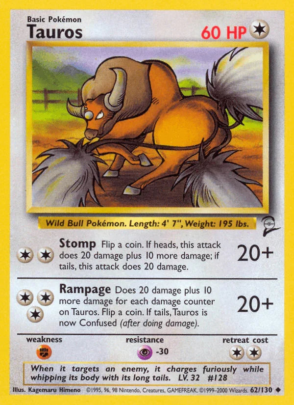 62, Base Set 2, Colorless, Fighting[×2], Normal, Psychic[-30], Uncommon Tauros (62/130) [Base Set 2] - Trading Card World