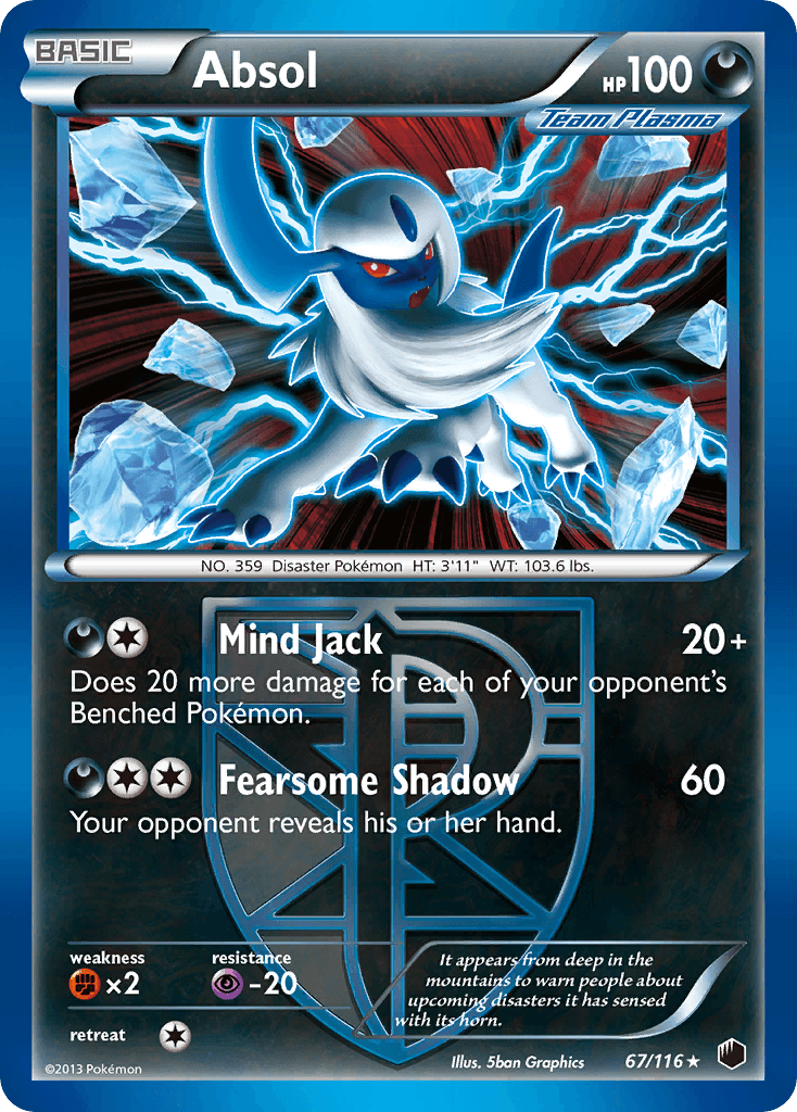 67, Black & White: Plasma Freeze, Darkness, Fighting[×2], Holo Rare, Holofoil, Psychic[-20], Reverse Holofoil Absol (67/116) [Black & White: Plasma Freeze] - Trading Card World