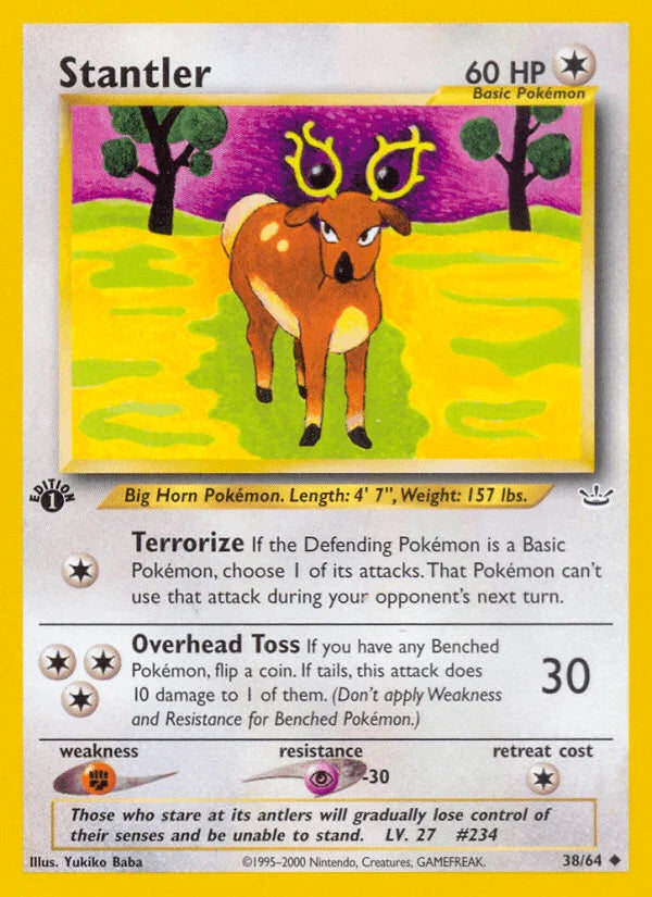 1st Edition Normal, 38, Colorless, Fighting[×2], Neo Revelation 1st Edition, Psychic[-30], Uncommon Stantler (38/64) [Neo Revelation 1st Edition] - Trading Card World