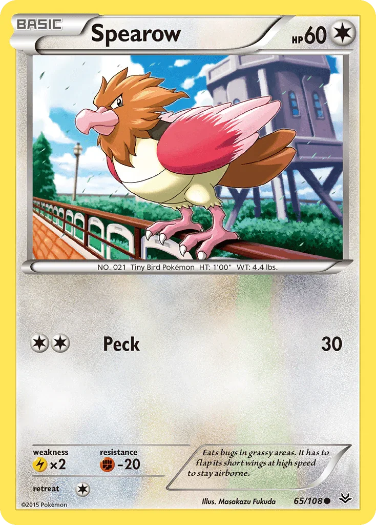 65, Colorless, Common, Fighting[-20], Lightning[×2], Normal, Reverse Holofoil, XY: Roaring Skies Spearow (65/108) [XY: Roaring Skies] - Trading Card World