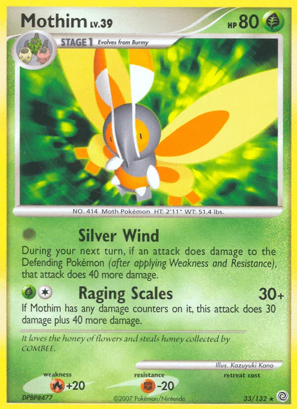 33, Diamond & Pearl: Secret Wonders, Fighting[-20], Fire[+20], Grass, Normal, Rare, Reverse Holofoil Mothim (33/132) [Diamond & Pearl: Secret Wonders] - Trading Card World