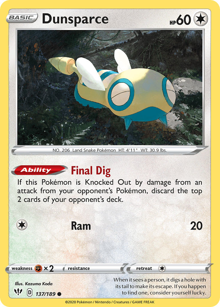 137, Colorless, Common, Fighting[×2], Normal, Reverse Holofoil, Sword & Shield: Darkness Ablaze Dunsparce (137/189) [Sword & Shield: Darkness Ablaze] - Trading Card World