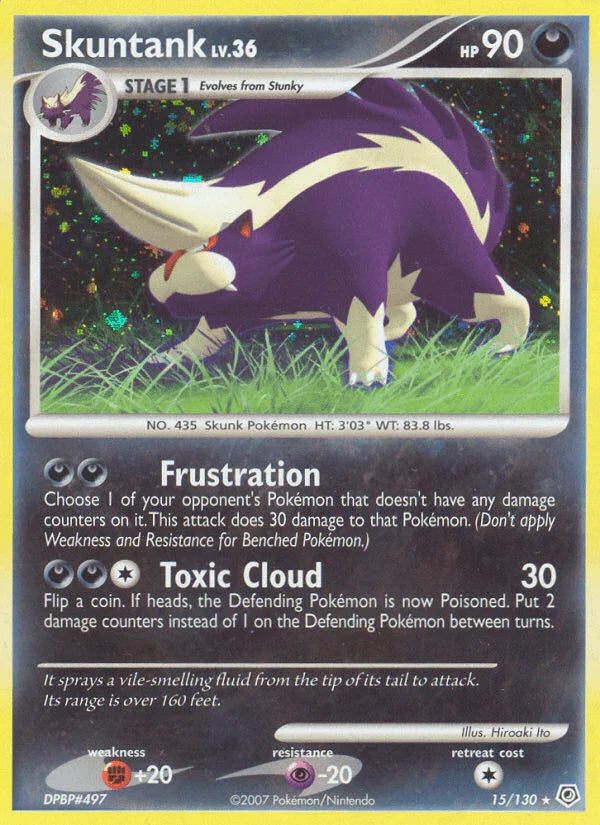 15, Darkness, Diamond & Pearl: Base Set, Fighting[+20], Holo Rare, Holofoil, Psychic[-20], Reverse Holofoil Skuntank (15/130) [Diamond & Pearl: Base Set] - Trading Card World