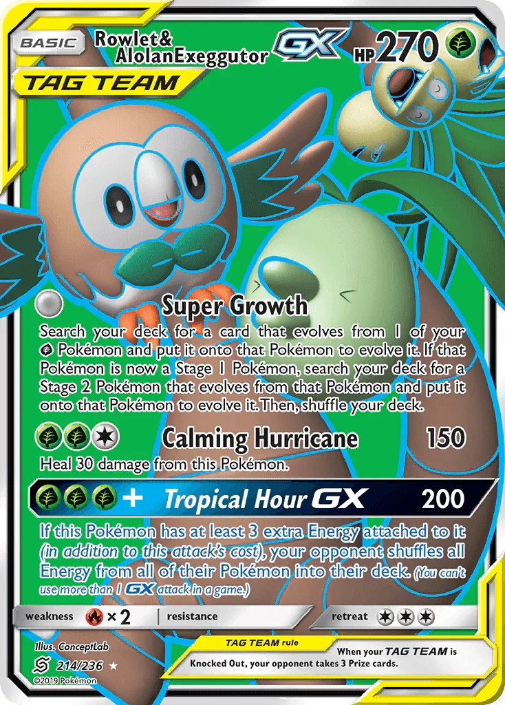 214, Fire[×2], Grass, Holofoil, Sun & Moon: Unified Minds, Ultra Rare Rowlet & Alolan Exeggutor GX (214/236) [Sun & Moon: Unified Minds] - Trading Card World