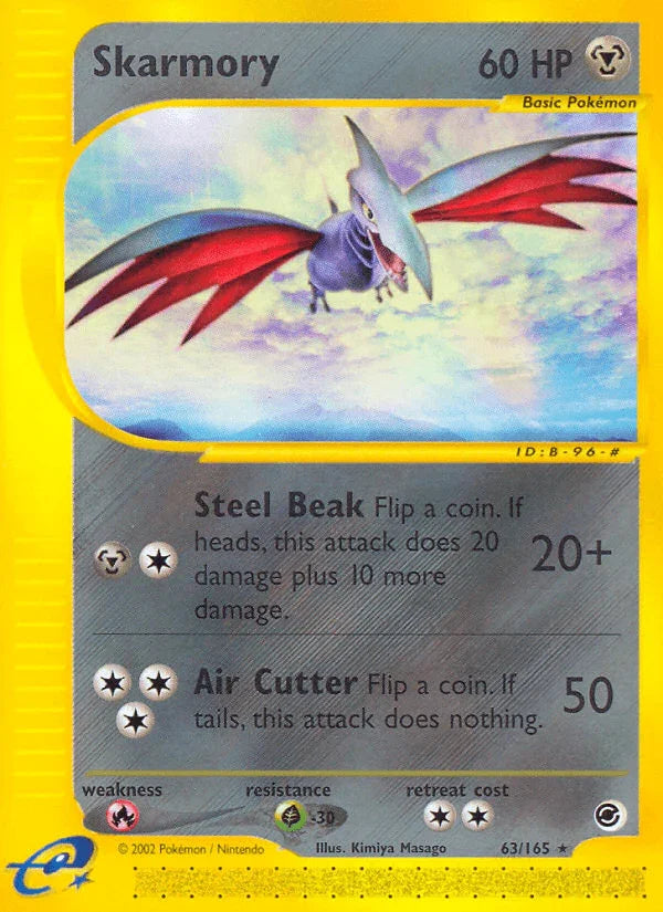 63, Expedition: Base Set, Fire[×2], Grass[-30], Metal, Normal, Rare, Reverse Holofoil Skarmory (63/165) [Expedition: Base Set] - Trading Card World