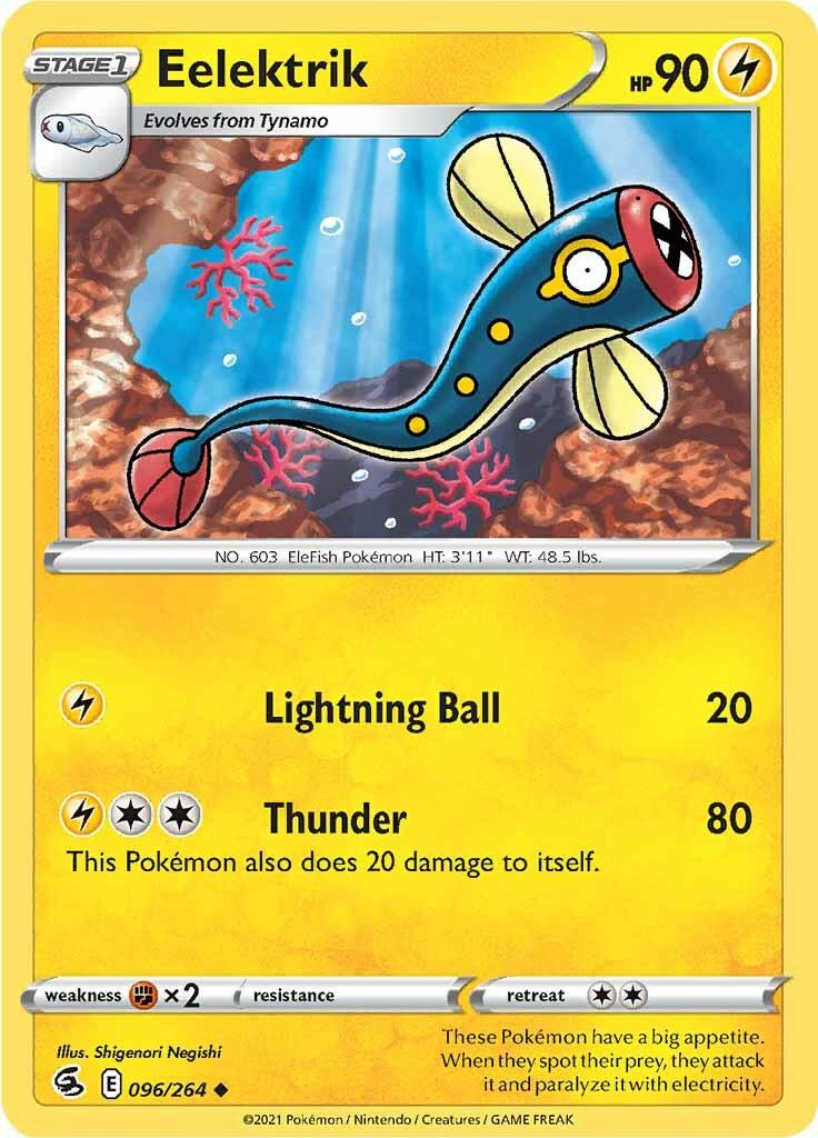 096, Fighting [x2], Lightning, Normal, Reverse Holofoil, Sword & Shield: Fusion Strike, Uncommon Eelektrik (096/264) [Sword & Shield: Fusion Strike] - Trading Card World