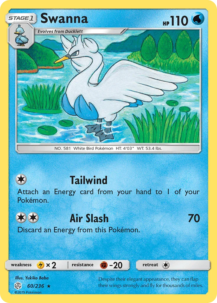 60, Fighting[-20], Lightning[×2], Normal, Rare, Reverse Holofoil, Sun & Moon: Cosmic Eclipse, Water Swanna (60/236) [Sun & Moon: Cosmic Eclipse] - Trading Card World