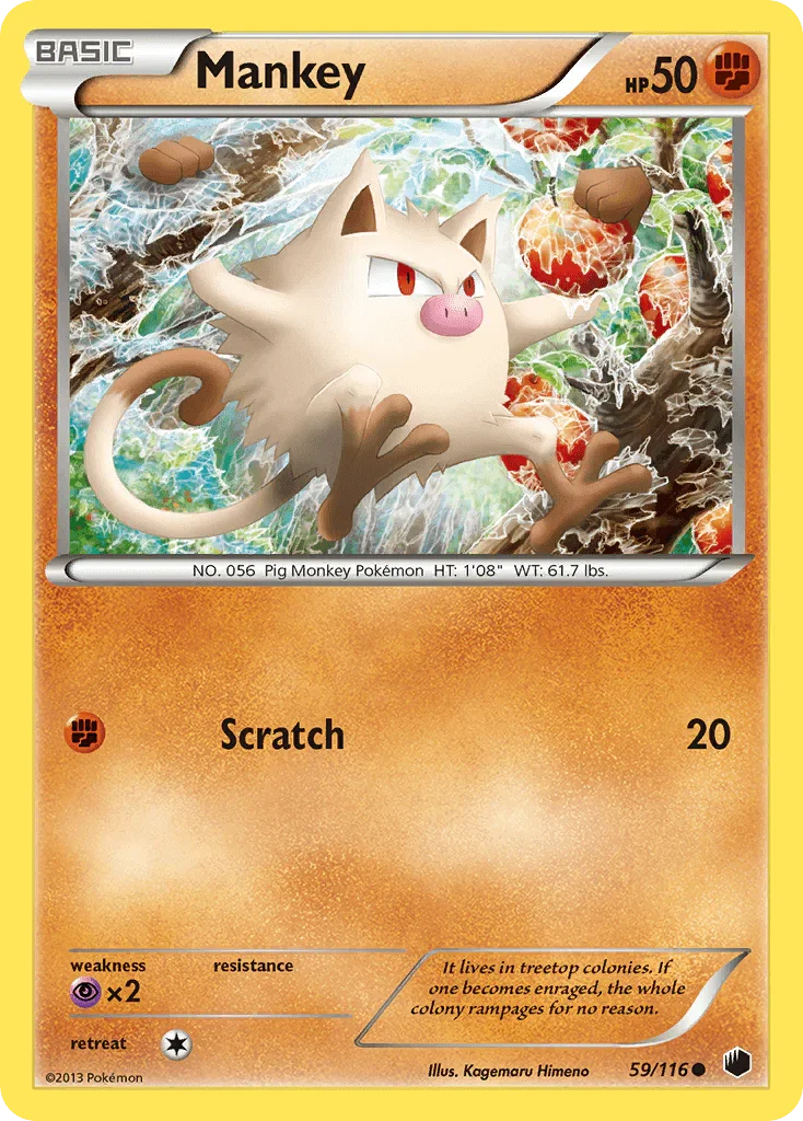 59, Black & White: Plasma Freeze, Common, Fighting, Normal, Psychic[×2], Reverse Holofoil Mankey (59/116) [Black & White: Plasma Freeze] - Trading Card World