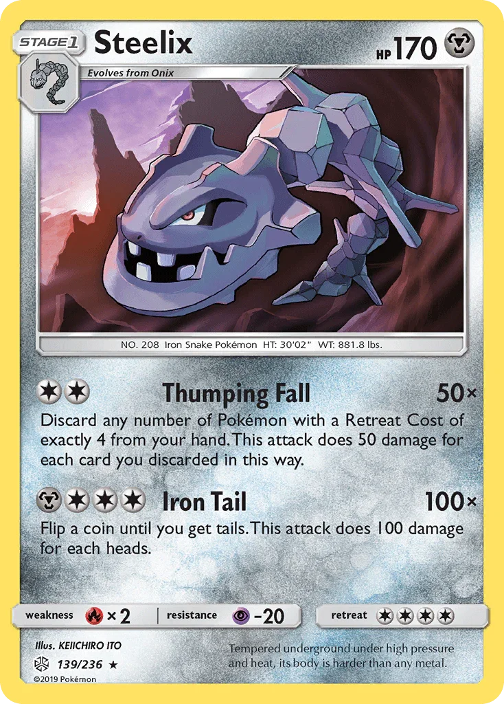 139, Fire[×2], Holo Rare, Holofoil, Metal, Psychic[-20], Reverse Holofoil, Sun & Moon: Cosmic Eclipse Steelix (139/236) [Sun & Moon: Cosmic Eclipse] - Trading Card World