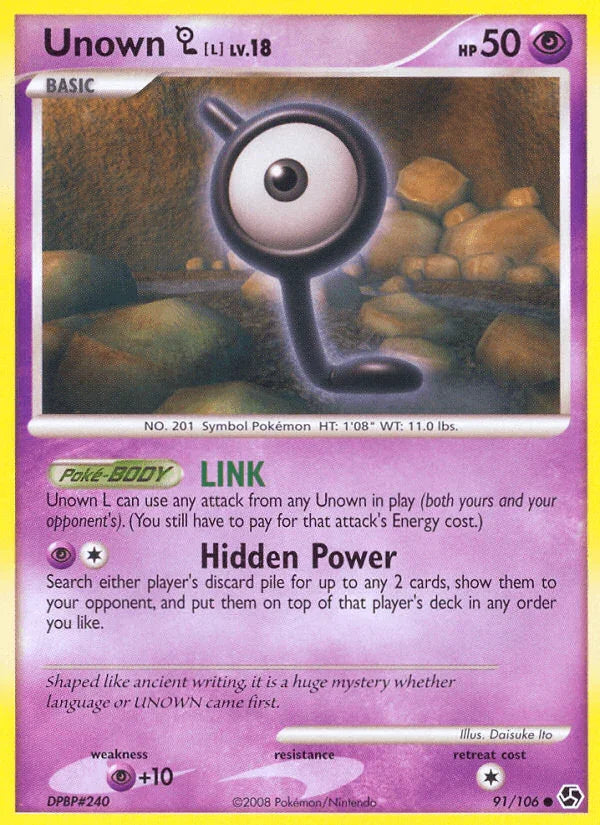 91, Common, Diamond & Pearl: Great Encounters, Normal, Psychic, Psychic[+10], Reverse Holofoil Unown L (91/106) [Diamond & Pearl: Great Encounters] - Trading Card World