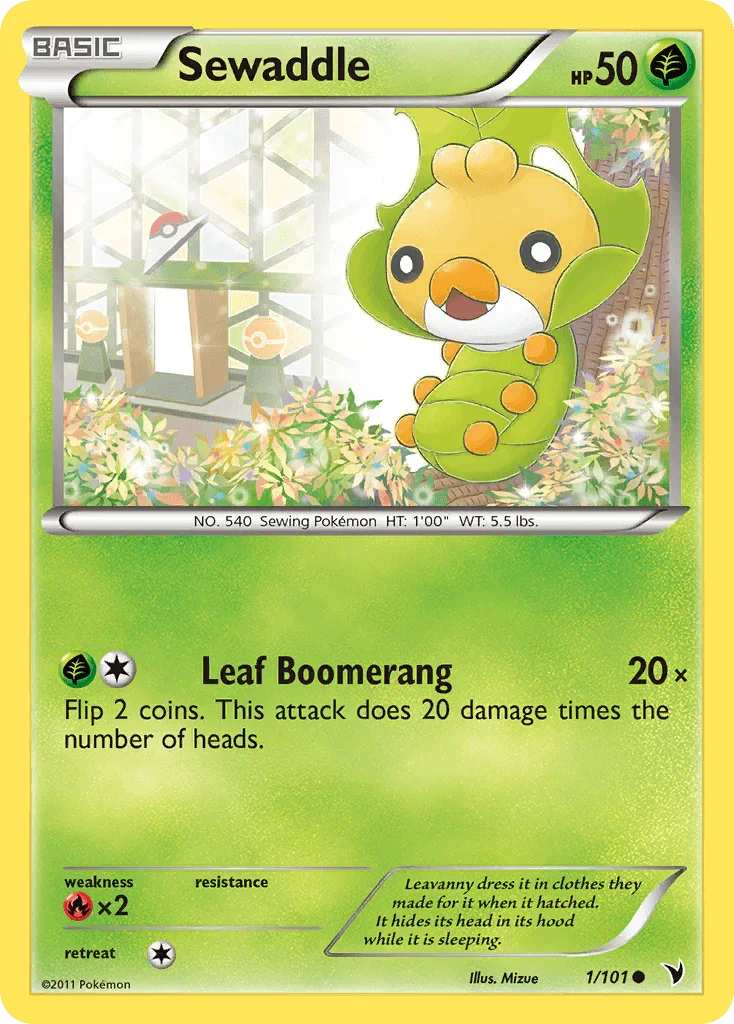 Black & White: Noble Victories, Common, Fire[×2], Grass, Normal, Reverse Holofoil Sewaddle (1/101) [Black & White: Noble Victories] - Trading Card World