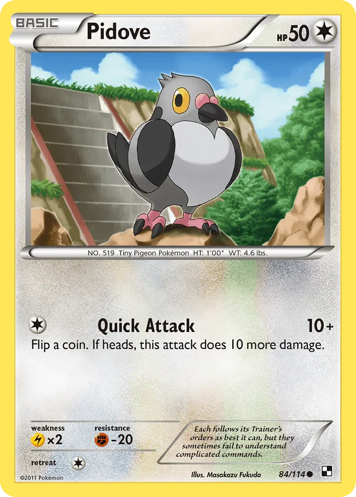 84, Black & White: Base Set, Colorless, Common, Fighting[-20], Lightning[×2], Normal, Reverse Holofoil Pidove (84/114) [Black & White: Base Set] - Trading Card World