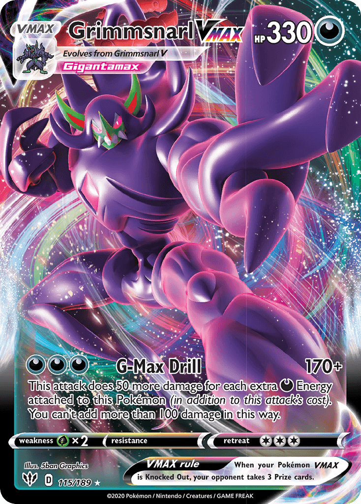 115, Darkness, Grass[×2], Holofoil, Sword & Shield: Darkness Ablaze, Ultra Rare Grimmsnarl VMAX (115/189) [Sword & Shield: Darkness Ablaze] - Trading Card World