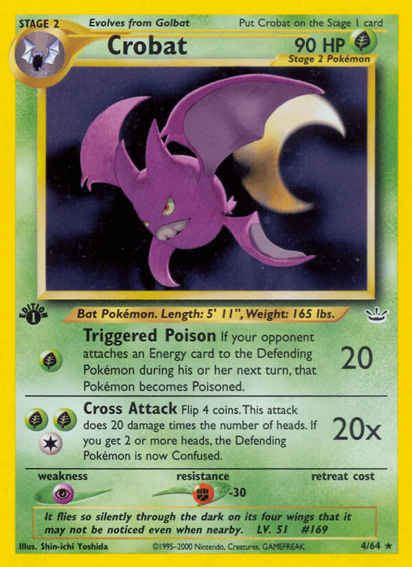 1st Edition Holofoil, Fighting[-30], Grass, Holo Rare, Neo Revelation 1st Edition, Psychic[×2] Crobat (4/64) [Neo Revelation 1st Edition] - Trading Card World