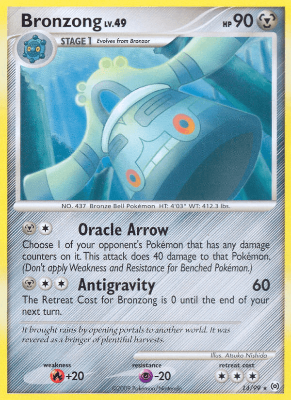 14, Fire[+20], Metal, Normal, Platinum: Arceus, Psychic[-20], Rare, Reverse Holofoil Bronzong (14/99) [Platinum: Arceus] - Trading Card World