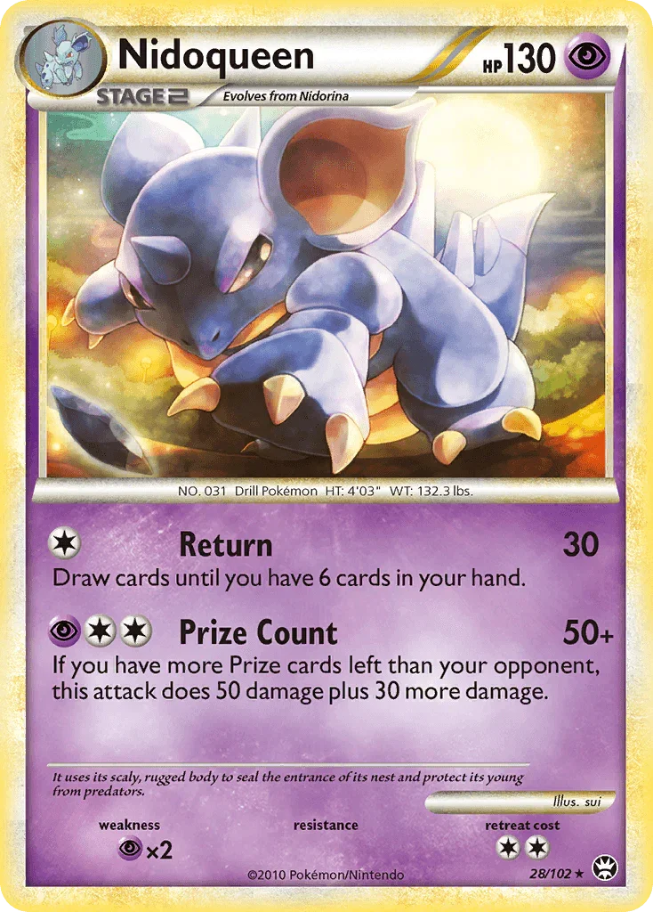 28, HeartGold & SoulSilver: Triumphant, Normal, Psychic, Psychic[×2], Rare, Reverse Holofoil Nidoqueen (28/102) [HeartGold & SoulSilver: Triumphant] - Trading Card World