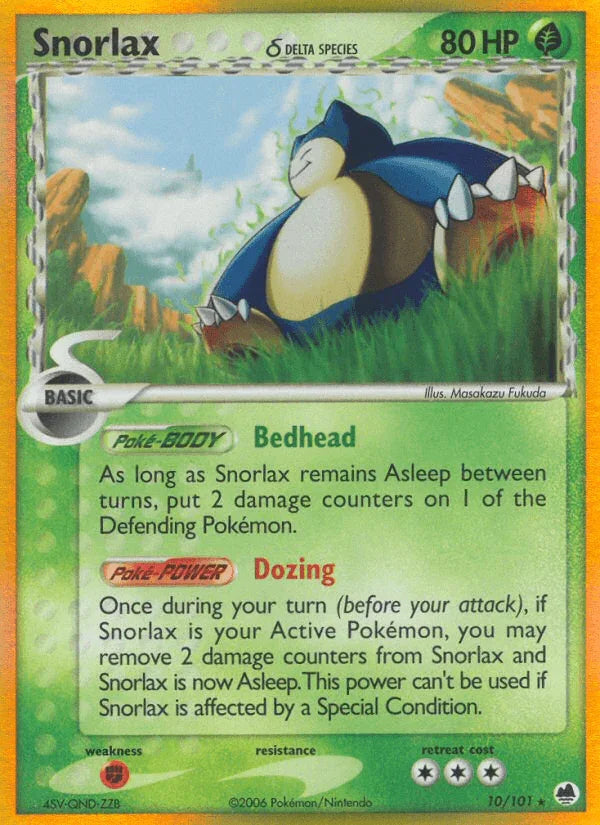 10, EX: Dragon Frontiers, Fighting[×2], Grass, Holo Rare, Holofoil Snorlax (10/101) (Delta Species) [EX: Dragon Frontiers] - Trading Card World