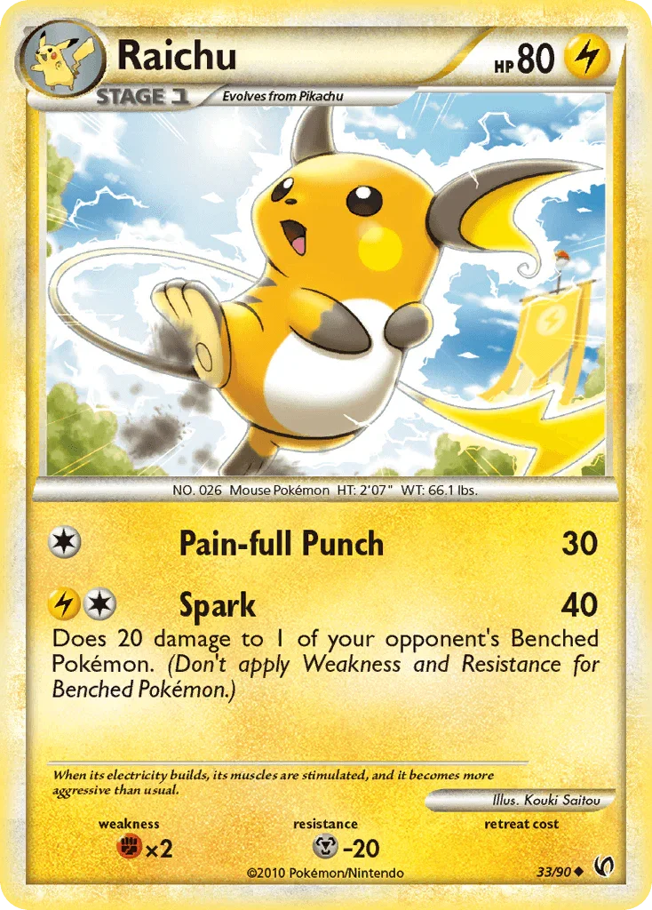33, Fighting[×2], HeartGold & SoulSilver: Undaunted, Lightning, Metal[-20], Normal, Reverse Holofoil, Uncommon Raichu (33/90) [HeartGold & SoulSilver: Undaunted] - Trading Card World