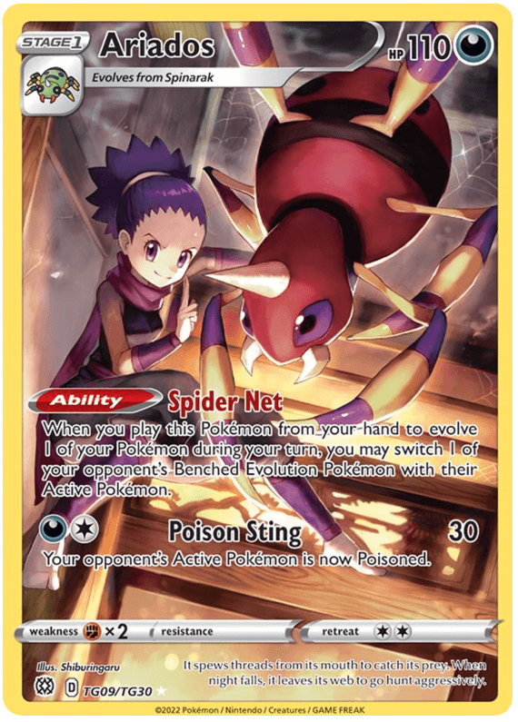 Darkness, Fighting [x2], Holofoil, Secret Rare, Sword & Shield: Brilliant Stars, TG09 Ariados (TG09/TG30) [Sword & Shield: Brilliant Stars] - Trading Card World