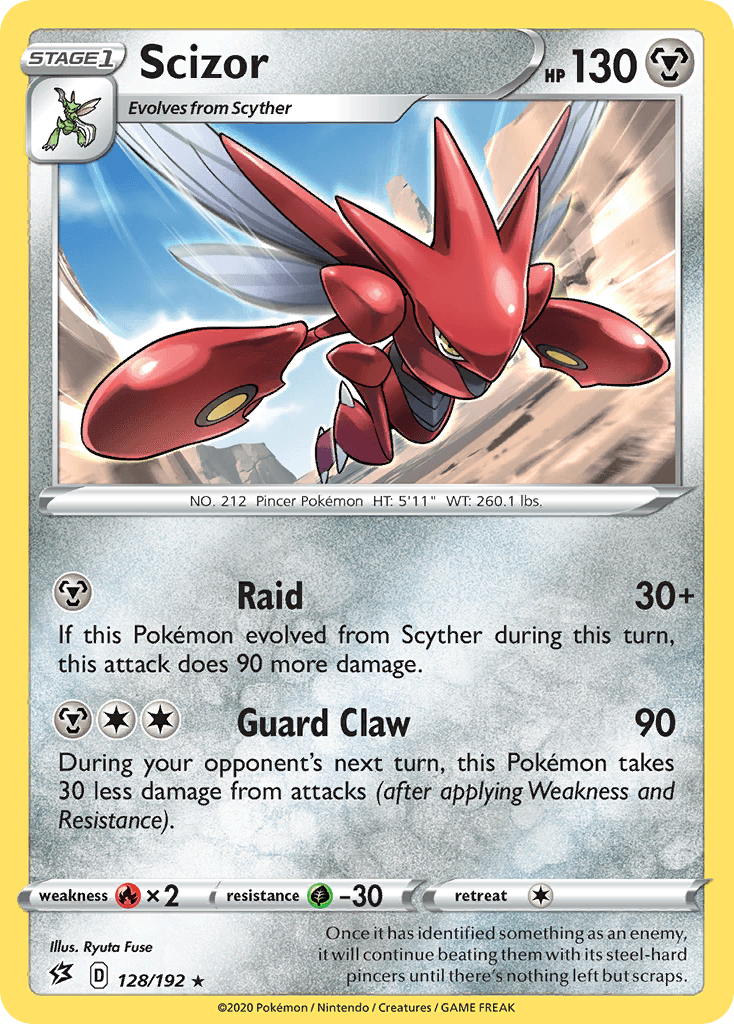 128, Fire[×2], Grass[-30], Metal, Normal, Rare, Reverse Holofoil, Sword & Shield: Rebel Clash Scizor (128/192) [Sword & Shield: Rebel Clash] - Trading Card World