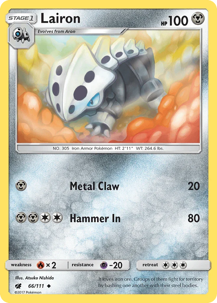 66, Fire[×2], Metal, Normal, Psychic[-20], Reverse Holofoil, Sun & Moon: Crimson Invasion, Uncommon Lairon (66/111) [Sun & Moon: Crimson Invasion] - Trading Card World