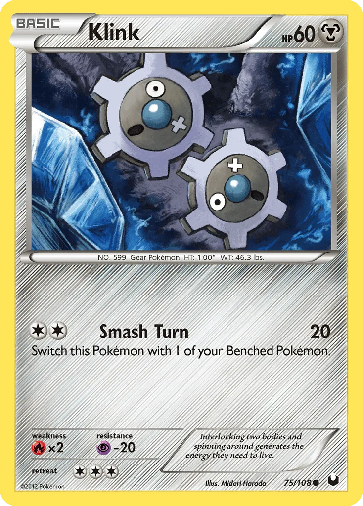 75, Black & White: Dark Explorers, Common, Fire[×2], Metal, Normal, Psychic[-20], Reverse Holofoil Klink (75/108) [Black & White: Dark Explorers] - Trading Card World