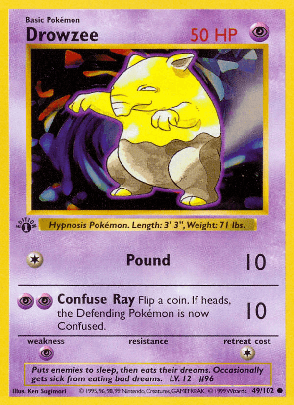 1st Edition Normal, 49, Base Set 1st Edition, Common, Psychic, Psychic[×2] Drowzee (49/102) (Shadowless) [Base Set 1st Edition] - Trading Card World