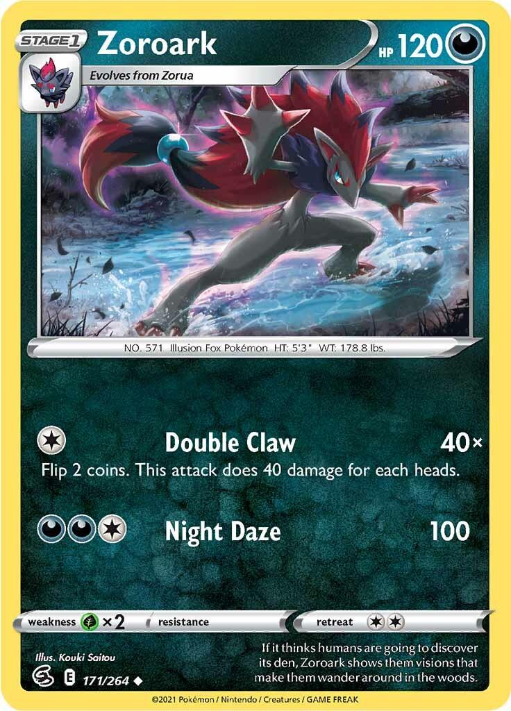 171, Darkness, Grass [x2], Normal, Reverse Holofoil, Sword & Shield: Fusion Strike, Uncommon Zoroark (171/264) [Sword & Shield: Fusion Strike] - Trading Card World