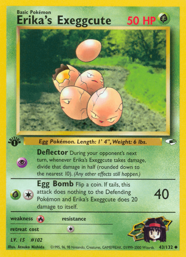 1st Edition Normal, 43, Fire[×2], Grass, Gym Heroes 1st Edition, Uncommon Erika's Exeggcute (43/132) [Gym Heroes 1st Edition] - Trading Card World