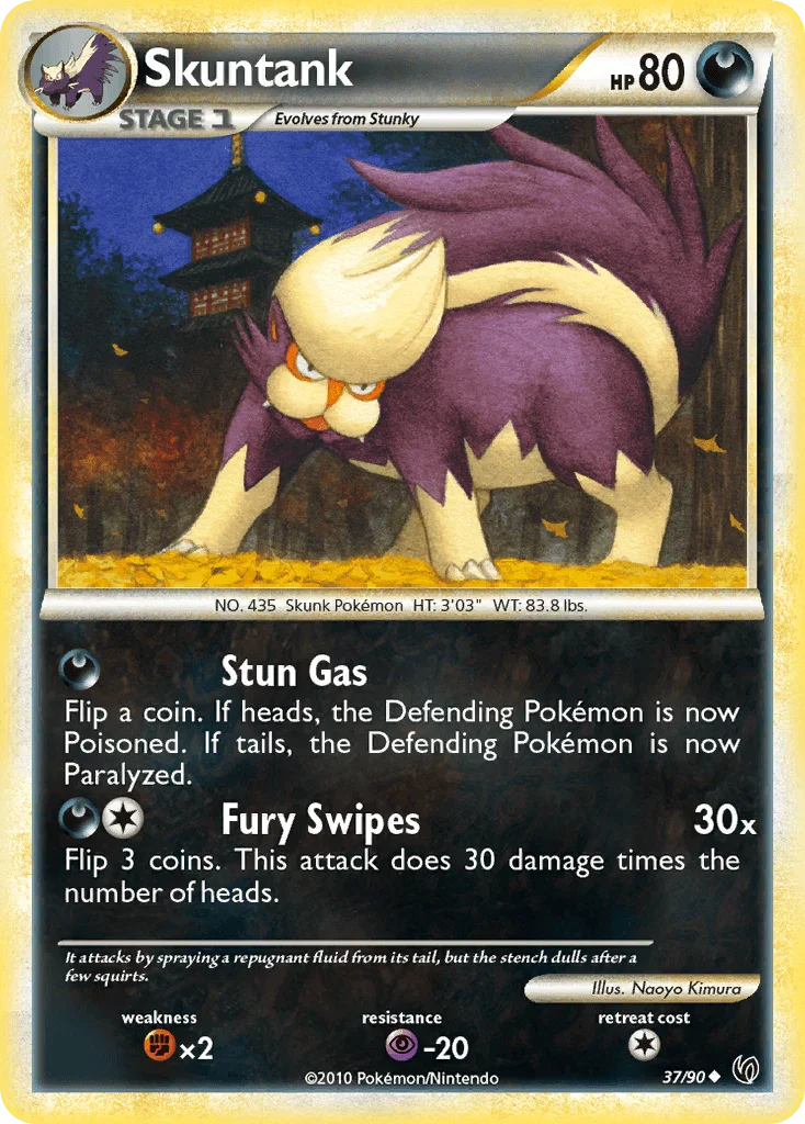 37, Darkness, Fighting[×2], HeartGold & SoulSilver: Undaunted, Normal, Psychic[-20], Reverse Holofoil, Uncommon Skuntank (37/90) [HeartGold & SoulSilver: Undaunted] - Trading Card World