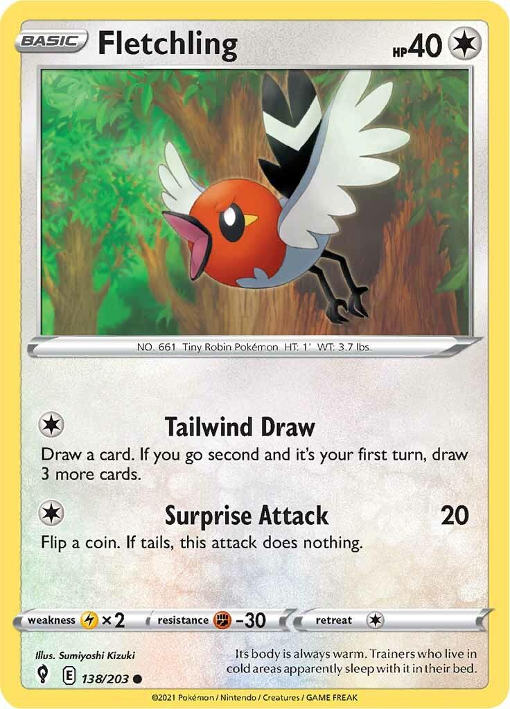 138, Colorless, Common, Fighting [-30], Lightning [x2], Normal, Reverse Holofoil, Sword & Shield: Evolving Skies Fletchling (138/203) [Sword & Shield: Evolving Skies] - Trading Card World