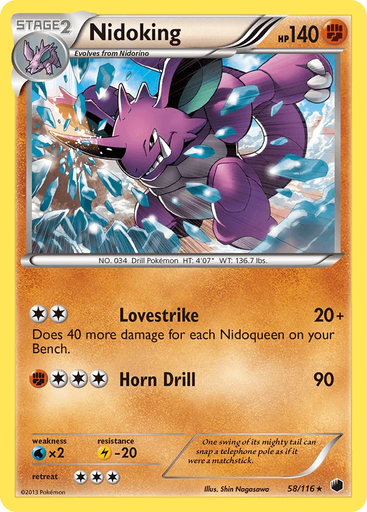 58, Black & White: Plasma Freeze, Fighting, Lightning[-20], Normal, Rare, Reverse Holofoil, Water[×2] Nidoking (58/116) [Black & White: Plasma Freeze] - Trading Card World