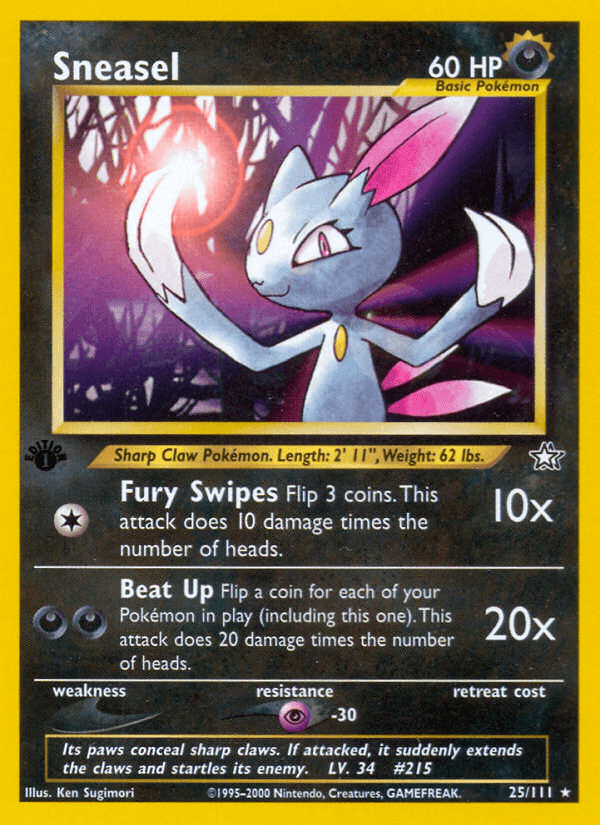 1st Edition Normal, 25, Darkness, Neo Genesis 1st Edition, Psychic[-30], Rare Sneasel (25/111) [Neo Genesis 1st Edition] - Trading Card World