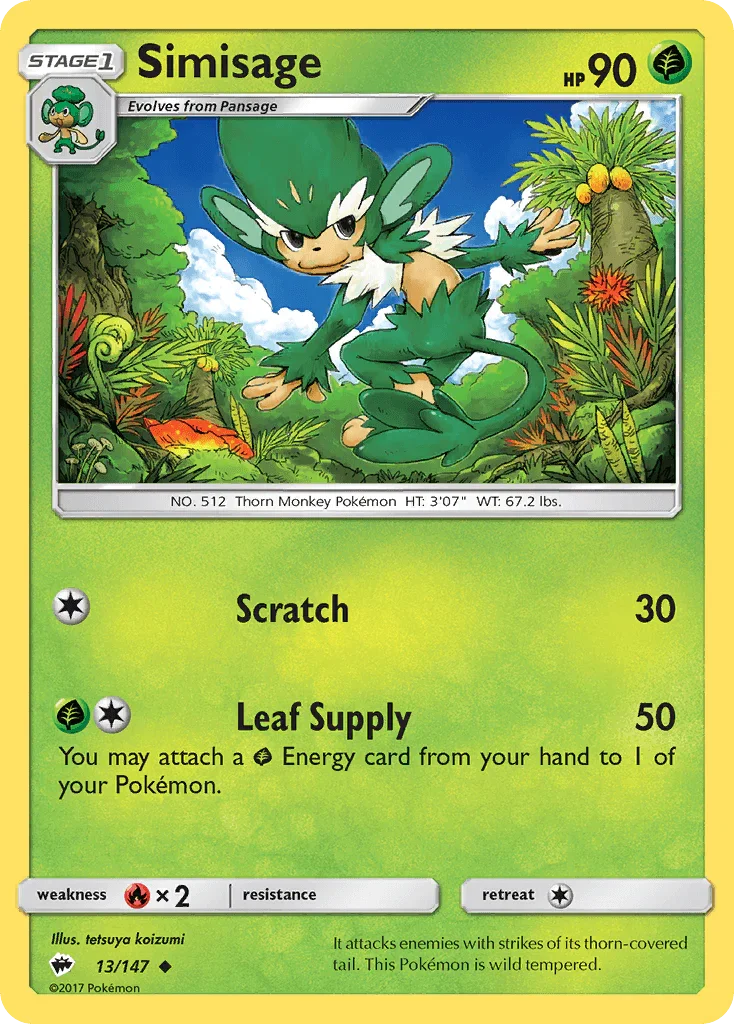 13, Fire[×2], Grass, Normal, Reverse Holofoil, Sun & Moon: Burning Shadows, Uncommon Simisage (13/147) [Sun & Moon: Burning Shadows] - Trading Card World