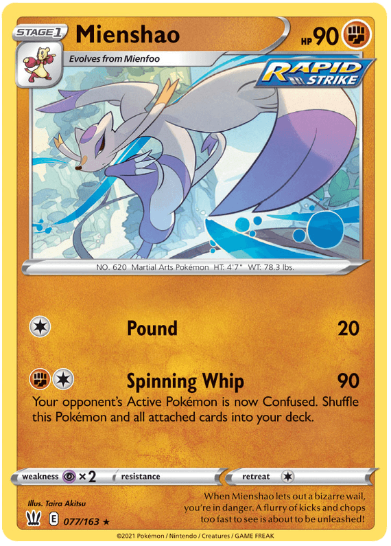 077, Fighting, Normal, Psychic[x2], Rare, Reverse Holofoil, Sword & Shield: Battle Styles Mienshao (077/163) [Sword & Shield: Battle Styles] - Trading Card World