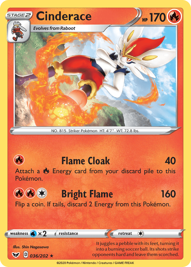 036, Fire, Normal, Rare, Reverse Holofoil, Sword & Shield: Base Set, Water[×2] Cinderace (036/202) [Sword & Shield: Base Set] - Trading Card World