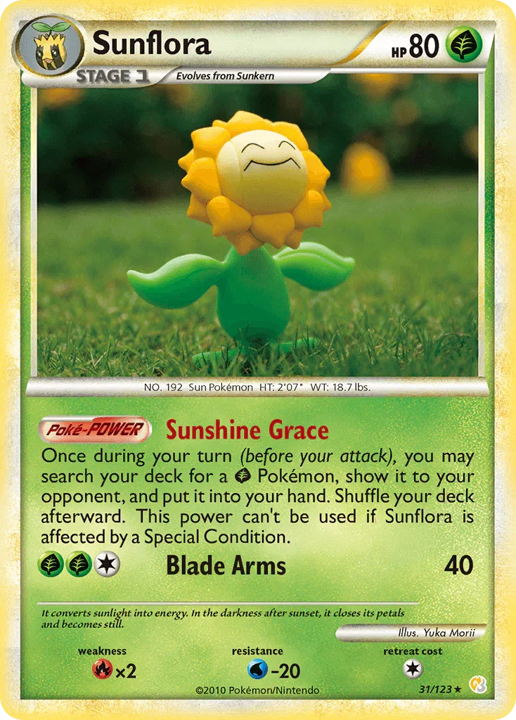 31, Fire[×2], Grass, HeartGold & SoulSilver: Base Set, Normal, Rare, Reverse Holofoil, Water[-20] Sunflora (31/123) [HeartGold & SoulSilver: Base Set] - Trading Card World