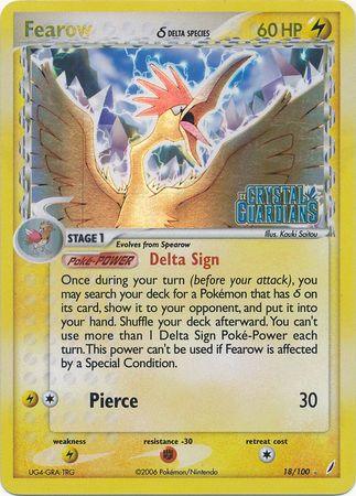 18, EX: Crystal Guardians, Fighting[-30], Lightning, Lightning[×2], Rare, Reverse Holofoil Fearow (18/100) (Delta Species) (Stamped) [EX: Crystal Guardians] - Trading Card World